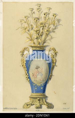 Design für einen Kerzenleuchter., Bleistift, Tinte, Aquarell, Tempera Farben auf Papier, der Körper der Lampe ist eine blaue Porzellanvase mit einem ovalen zentralen Feld, das ein Paar von Figuren vor einem hellen Hintergrund, in einem schmalen goldenen Rahmen umschlossen. Auf einem Bronzesockel montiert, überragt von einem Kerzenleuchter in Form von Zweigen mit Blättern und Blumen, der Kerzenhalter steigt aus den Blüten. Unten links eingeschrieben: 'Candelabra porcel. Und Bronze A 9 bougies;' unten rechts 'hauteur 84c;' unten Mitte: 'No.70.', Frankreich, ca. 1855, Zeichnung Stockfoto