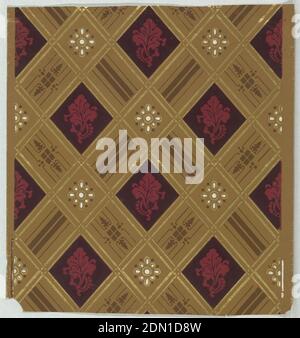 Sidewall, Machine-printed on continuous paper, On patterned tan ground, diagonal metallic gold trellis frames alternating stylized red cabbage leaf on black ground and metallic gold and shiny white stylized flower., 1875–90, Wallcoverings, Sidewall Stock Photo