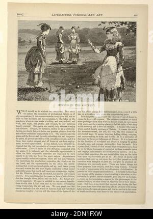 Summer in the Country, Winslow Homer, American, 1836–1910, John Karst, German, Active in U.S., 1836 - 1922, Appleton's Journal of Literature, Science and Art, D. Appleton and Company, New York, NY, D. Appleton and Company, New York, Holzstich in schwarzer Tinte auf Papier, vier Damen spielen Krocket. Im rechten Vordergrund scheint eine junge Dame auf ihre Nägel auf der rechten Hand zu schauen, während das Mädchen auf der linken Seite ihren Fuß auf einem Krocketball ruht und die beiden anderen Mädchen im Hintergrund anschaut., USA, 10. Juli 1869, Figures, Print Stockfoto