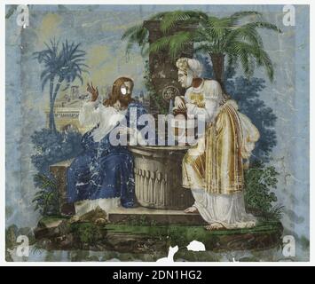 Christus und die Frau von Samaria, Joseph Dufour et Cie., französisch, 1752–1827, Blockdruckpapier, horizontales Rechteck, Darstellung von Christus und der Frau von Samaria am Brunnen vor einer Landschaft mit Palmen und Architektur im Hintergrund. Gedruckt auf blauem Grund., Frankreich, 1830–35, Wandbeläge, Firescreen, Firescreen Stockfoto