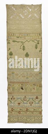 Sampler, S. H., English, Medium: silk and linen embroidery on linen foundation Technique: embroidered in satin, chain, four-sided canvas, double running, buttonhole, long-armed cross, detatched looping, Bands of white cut work and multi-color embroidery, an alphabet, animals, birds, reversing floral bands and human figures. With the inscription and date: S. H. 1669., England, 1669, embroidery & stitching, Sampler Stockfoto