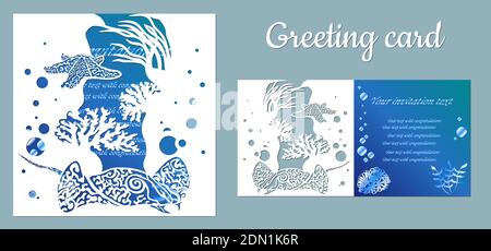 Stachelrochen, Seesterne, Seetang. Vorlage für die Erstellung einer Postkarte. Vektorbild für Laserschneiden und Plotterdruck. Fauna mit Meerestieren. Stock Vektor