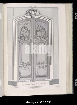 Profil de deux Venteaux de la porte Cochree (Profil von zwei Venteaux einer Kutschentür), Livre de Portes Cochrees (Buch der Kutschentüren), François de Cuvilliés der Ältere, Belgier, aktives Deutschland, 1695 - 1768, Carl Albert von Lespilliez, Deutsch, 1723 - 1796, Nicolas Jean-Baptiste de Poilly, Französisch, 1712–nach 1758, François de Cuvilliés der Ältere, Belgien, Deutschland aktiv, 1695 - 1768, Gravur auf Papier, Design für Doppeltüren im Rokoko-Stil mit zwei dekorativen Oberteilen. Jede Tafel zeigt einen Rocaille-Brunnen, gekrönt von einem Delphin, der Wasser und einen Herm spuckt. Stockfoto