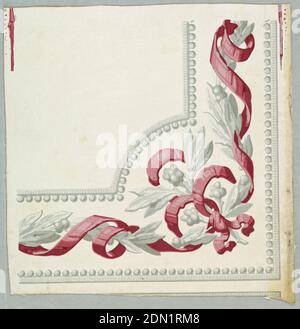 Border corner, Block-printed, Border corner used for occasions when borders serve to outline panels or dados. Oak leaves and ribbon with bead molding. Printed in gray and pink on white ground., England, 1830–45, Wallcoverings, Border corner Stock Photo