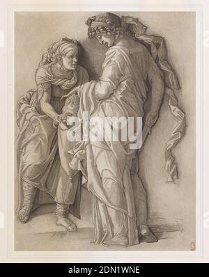 Judith mit dem Leiter von Holofernes, Alphonse Alexandre Leroy, Französisch, 1821 - nach 1880, Andrea Mantegna, Italienisch, ca. 1431 - 1506, Aquatint auf Papier, zwei weibliche Figuren, die Figur von Judith in der Mitte von hinten im Dreiviertelprofil, nach links gerichtet. Sie trägt eine lange, fließende Robe, eine gelockte Frisur, einen langen, fließenden Schal aus ihren Haaren und Sandalen. Ihr Kopf ist nach unten geworfen und ihre Augen meist geschlossen. Sie hält ein großes Messer oder Schwert in ihrer rechten Hand und den abgetrennten Kopf von Holofernes in ihrer linken, die sie in eine Tasche mit einer Quaste am Boden. Stockfoto