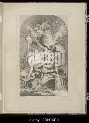 Tafel 5, Receuil de Fontaines (Sammlung der Brunnen), François Boucher, französisch, 1703 – 1770, Gabriel Huquier, französisch, 1695–1772, Gabriel Huquier, französisch, 1695–1772, Gravur auf Papier, Folio 5, Tafel 5 einer Serie von 7. Design für einen Brunnen. Rokokobrunnen-Design mit zwei Tritonen und einer Nymphe, die auf einem grotesken Gesicht eines Meeresmonsters liegt. Die Abbildungen stützen eine Schale, auf der zwei liegende Putti sind. Der oberste Putti ist über eine große offene Vase gespannt, aus der das Wasser gießt. Umliegende Gartendetails., Paris, Frankreich, 1736, Alben (gebunden) & Bücher, gebundener Druck Stockfoto