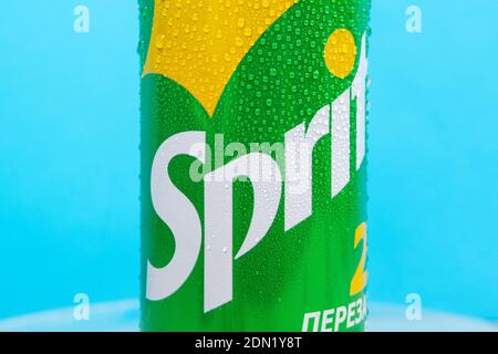 Tyumen, Russia-December 10, 2020: Sprite Can logo. Sprite is a lemon lime soft drink from the Coca-Cola Company. Stock Photo