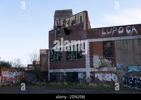 Street Art schmückt verfallene Fabrikgebäude im alten Industriegebiet und Eisenbahnbögen von Digbeth am 14. Dezember 2020 in Birmingham, Großbritannien. Nach der Zerstörung der Inner Ring Road gilt Digbeth nun als Stadtteil im Stadtzentrum von Birmingham. Und ist das Epizentrum für Kunst- und Graffiti-Kunstwerke sowie sein Status als einst düsteres Künstlerviertel bekannt für Street Art und ein junges und hippes Volk, das an Veranstaltungen und kreativen Workshops in der Custard Factory und grungy Clubs in ehemaligen Lagerhäusern teilnimmt. Als Teil des Big City Plans, Digbeth wird eine Stockfoto