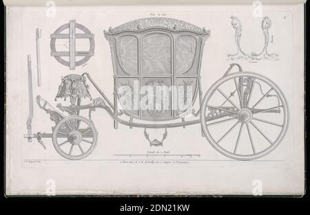 VIS à vis, Plate 1, Modèles de Voitures Louis XV, Jean-François Chopard, Französisch, aktiv 18. Jahrhundert, Jean-François Chopard, Französisch, aktiv 18. Jahrhundert, Nicolas Jean-Baptiste de Poilly, Französisch, 1712–nach 1758, Gravur auf gedeckten Papier, Plate 1, Folio 1 einer Serie von 13 Drucken von Entwürfen für Wagen oder Wagen. Kutsche mit Rokoko-Motiv, in der Höhe dargestellt, mit Details der verschiedenen Teile oben links und oben rechts. Passagiere, die im Wagen sitzen, würden sich gegenüberstehen., Paris, Frankreich, ca. 1750, Alben (gebunden) & Bücher, gebundener Druck Stockfoto
