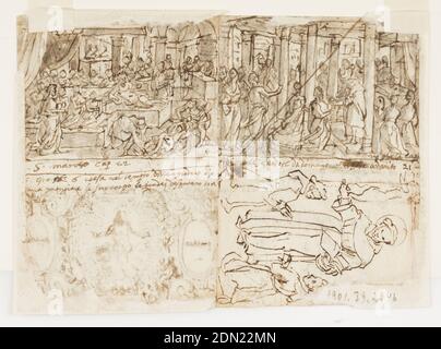 Recto, oben links: Bewaldete Landschaft mit Elia erwacht und genährt von einem Engel auf dem Berg Horeb (1 Könige 19:5-6); oben rechts: Das Bankett des Königs Ahasveros (Esther 1:1-6)' unten rechts: Christus umgeben von Winkeln mit der Arma Christi; unten links: Verkündigung. Verso, oben links: Gleichnis vom königlichen Hochzeitsfest (Matthäus 22:1-14); oben rechts: David empfängt das heilige Brot; unten rechts: St. Antonius von Padua und zwei Mönche; unten links: Inschrift zu Johannes 6:48-60, Jan van der Straet, genannt Stradanus, Flämisch, 1523–1605, Feder und braune Tinte, Pinsel grau und grau-braun waschen Stockfoto