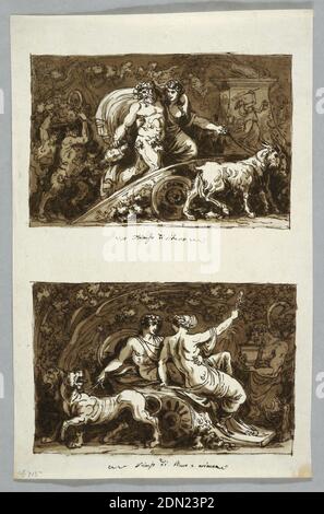 Blatt aus einem Skizzenbuch: Triumph des Silenus und Triumph des Bacchus und der Ariadne, Felice Giani, italienisch, 1758–1823, Feder und braune Tinte, Pinsel und braune Wäsche über Spuren von Graphit auf cremefarbenem Papier, Oberes Bild: Silenus stehend in einem Wagen, unterstützt von einem Maenad, der die Zügel der Ziegen hält. Satyrs folgen mit einem Korb voller Wein., Unteres Bild: Bacchus und Ariadne sitzen in einem Wagen, der von Panthern gezogen wird. Satyrs follow it., Italien, 1800–1802, Tapetenentwürfe, Zeichnung Stockfoto