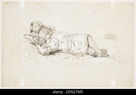 Shepherdess Resting, Winslow Homer, Amerikaner, 1836–1910, Holzkohle auf schwerem weißen Gewebspapier, Horizontale Ansicht einer Frau, bekleidet als Shepherdess, auf dem Boden liegend auf einem offenen Feld, mit einem Gag neben ihr; eine Herde Schafe und Bäume sind im Hintergrund zu sehen., USA, 1877–78, Figuren, Zeichnung Stockfoto