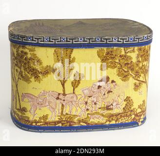 Bandbox, Block-bedrucktes Papier auf Pasteboard-Unterstützung, Box zeigt Abbildungen Montage in einem Schlitten. Das Cover zeigt Gebäude in einem Blumenkranz. Innen der Box mit Spritzer von blau und weiß auf hellblauem Feld dekoriert. Gedruckt in rosa, oliv und braun auf gelbem Grund., USA, 1835–45, Wallcoverings, Bandbox Stockfoto