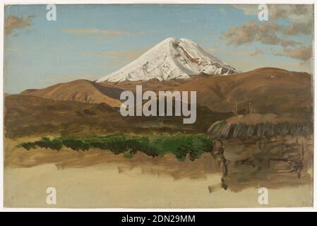 Mount Chimborazo, Frederic Edwin Church, Amerikaner, 1826–1900, Pinsel und Ölfarbe, Spuren von Graphit auf Pappe, der schneebedeckte Gipfel steigt über Bereiche im mittleren Heck. Im Vordergrund sind Baumkronen und ein Haus skizziert. Unregelmäßiger unterer Rand mit cremiger Grundfarbe., 1857, Landschaften, Zeichnung Stockfoto