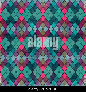 Watercolor argyle abstract geometric plaid seamless pattern with black line contour. Watercolour hand drawn bright colorful texture background. Print Stockfoto