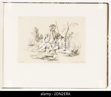 Tafel 6, Le Repos de Chasse (der Rest von der Jagd), Singeries ou différentes Actions de la vie humaine représentées par des singes (Monkey antics or Different Actions of Human Life represented by Monkeys), Christophe Huet, Französisch, 1700–1759, Jean-Baptiste-Antoine Guelard, Französisch, 1719–ca. 1755, Charpentier, Paris, Frankreich, Radierung auf Papier, Tafel 6 einer Serie von 23 Drucken mit Affen, die in verschiedenen Figurenszenen als Menschen agieren. Im Außenbereich ruht ein sitzender Affe im Gentleman Hunter's Kostüm (Weste, Tunika, Hose) an einem Felsen. In der linken Hand hält er ein Gewehr (Gewehr). Stockfoto