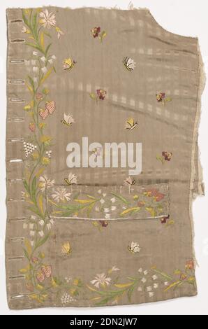 Weste Fragment, Medium: Seide Technik: Bestickt, Weste Fragment aus taupe Seide bestickt mit einem bunten Design von Blumen (Schneeglöckchen, Bratschen), Erdbeeren und Schmetterlingen., Frankreich, Anfang des 19. Jahrhunderts, Kostüm & Accessoires, Weste Fragment Stockfoto