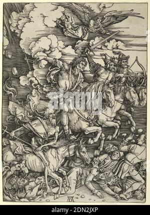 Die vier Reiter der Apokalypse, Albrecht Dürer, deutsch, 1471–1528, Holzschnitt auf cremeweißem Papier, vier Männer, mit gezeichneten Waffen, auf dem Pferd über Menschen reiten. Engel fliegt über., Deutschland, ca. 1497–98, Abbildungen, Druck Stockfoto