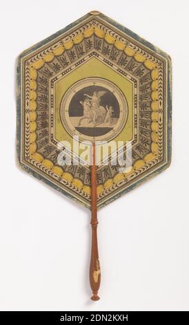 Handscreen, Paper leaf printed by lithography, turned wood handle, Handscreen with hexagonal leaf and turned wood handle. Applied round lithograph in center of a satyr in turqoise on a black ground, surrounded by diamond-shaped and hexagonal frames with floral and geometric ornament., early 19th century, costume & accessories, Handscreen Stock Photo