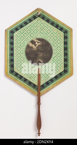 Handscreen, Block-printed paper leaf with applied lithograph, turned wood handle, Hexagonal handscreen with a circular medallion in the center with a classical scene, surrounded by floral borders in green and white., early 19th century, costume & accessories, Handscreen Stock Photo