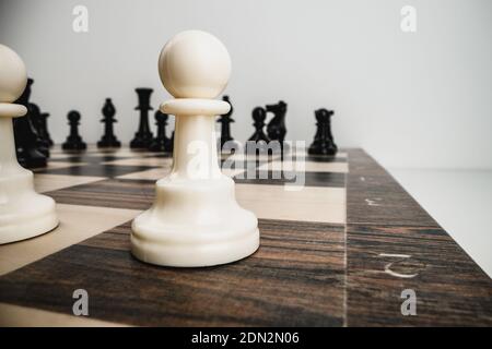 Macro photo of chess pieces on a chess board Stockfoto