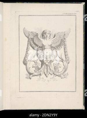 Design für eine Sphinx, pl. 2, Deuxieme Cahiers des arabesques dessinés par J. B. Huet... [Buch 2, Portfolios von Arabesken gestaltet von J.B. Huet], Jean-Baptiste Huët, (französisch, 1745–1811), Louis-Marin Bonnet, französisch, 1736 - 1793, Crayon Manner Gravur auf cremefarbenem Papier, Sphinx Figur in schwarz geflassenem Foward mit ausgestreckten Flügeln, von denen eine Girlande hängt, die nach unten fällt, um auf beiden Seiten den doppelten Schwanz zu berühren, der sich nach oben rollt und in einer Traube endet., Frankreich, 1736–93, Ornament, Print Stockfoto