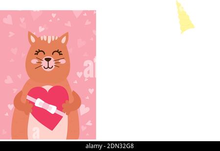 Valentinskarte mit niedlichen lustigen Katze hält herzförmige Box mit Schleife. Handgezeichnete Vektorgrafik. Flaches Design im skandinavischen Stil. Konzept für h Stock Vektor