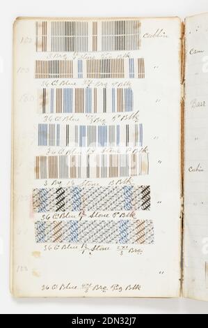 Musterbuch des Druckers, Old Pacific Print Works, (Lawrence, MA, USA), Leder, Papier, Baumwolle., kleines Notizbuch mit handschriftlichen Formeln für Farbstoffe für den Textildruck. Enthält 624 kleine Muster, meist Rasen., USA, 1875, Musterbücher, Musterbuch des Druckers Stockfoto