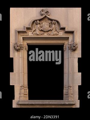 Auf den Straßen in Katalonien, öffentliche Plätze. Elemente der architektonischen Dekorationen von Gebäuden, Türen und Bögen, Gipsformen und Muster. Stockfoto
