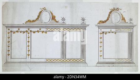 Zwei Entwürfe für Altarrahmen mit alternativen Vorschlägen, Luigi Righetti, Italienisch, 1780 - 1819, Stift und Tinte, Pinsel und Sepia waschen, gelb und rot Aquarell, Graphit auf Papier, Horizontal Rechteck. Zwei Entwürfe für zwei Rahmen, wahrscheinlich für Altartabletten, jeweils mit alternativen Vorschlägen, wahrscheinlich in weißem Marmor und vergoldeter Bronze ausgeführt werden. Links Design für einen Rahmen mit drei Fächern. Oben auf beiden ein ovales Medaillon mit wahlweise Girlanden oder Cherubim außen. In den Applikationen unten sind entweder Girlanden mit Weinblättern oder umschlungen Bänder vorgeschlagen. Stockfoto