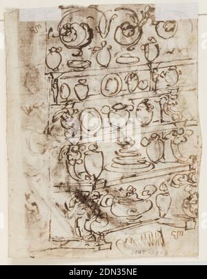 Seite eines Skizzenbuches; Maria hält den Leib Christi zu Füßen des Kreuzes, Jan van der Straet, genannt Stradanus, Flämisch, 1523–1605, braune Tinte und Wäsche auf Papier, Maria hält den Leichnam Christi, der gerade vom Kreuz genommen wurde. Mehrere andere Frauen mit ihr. Recto: Dish Closet., Niederlande, ca. 1590, Figuren, Zeichnung Stockfoto