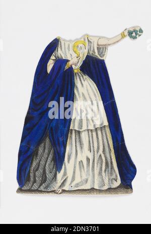 Jenny Lind Papierpuppe Kostüm, Norma aus der Oper 'Norma', Lithographie auf weißem Wove-Papier, Papierpuppe Kostüm für die Figur von Jenny Lind, die die Figur Norma aus der Oper Norma darstellt., entworfen, um über die Puppe platziert zu werden., Europa, ca. 1850, Spielzeug & Spiele, Drucken Stockfoto