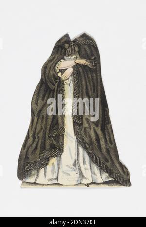 Jenny Lind Papierpuppe Kostüm, Donna Anna aus der Oper 'Don Juan', Lithograph auf weißem Webpapier, Papierpuppe Kostüm für die Figur von Jenny Lind, die Donna Anna aus der Oper Don Juan darstellt., entworfen, um über die Puppe gelegt zu werden., Europa, ca. 1850, Spielzeug & Spiele, Drucken Stockfoto