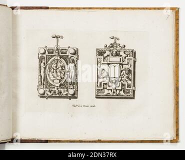 Tafel 7, aus Livre de bijouterie (Buch der Entwürfe für Goldschmiede und Juweliere), Léonard Thiry, Flämisch, 1550, Rosso Fiorentino, Italienisch,1494 - 1540, René Boyvin, Französisch, 1525 - 1625, Paul de la Houve, Französisch, 1575 - 1643, Gravur auf Papier, Entwurf für zwei Pendelleuchten mit Strapwork. Links flankieren Adam und Eve ein zentrales Oval. Rechts flankieren zwei Gelehrte ein zentrales Oval mit biblischen Tafeln, die von einem Kind hochgehalten werden., Frankreich, ca. 1570, Alben (gebunden) & Bücher, Druck Stockfoto
