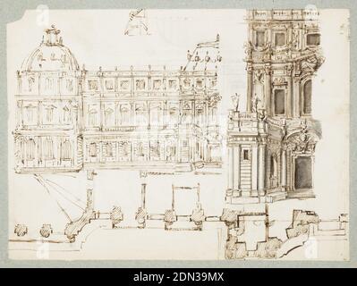 Design for a Fountain supported by Dolphins and Two Dogs, Gilles-Marie Oppenord, French, 1672–1742, Stift und Tinte, Aquarell auf Papier, Wasserstrahl aus der Kugel auf einer muscheligen Ebene, unterstützt von zwei umgedrehten Delfinen. Wasser aus den Mündern der Delfine fließt in den Pool an der Basis. Zwei Hunde (einer auf jeder Seite) stehen mit ihren Vorderpfoten am Tier-Rand auf felsiger Basis. Jeder Hund hält in seinem Maul einen Brach, aus dem Wasser ausläuft., ein Blatt Papier auf recto und verso gezeichnet, montiert auf einer Albumseite mit Fensterausschnitt, um verso zu sehen., Frankreich, 1690er, Alben (gebunden) & Bücher, Albumseite Stockfoto