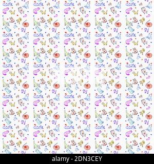 Verschiedene bunte bunten Katzen, verschiedene Posen, nahtlose handgezeichnete Muster, kreative kindliche Textur Stockfoto