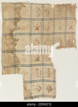 Textile, Medium: linen, wool Technique: plain weave with continuous supplementary weft patterning, Plain weave natural linen with grid pattern of double blue lines. Continuous supplementary weft patterning in colored wool forming figures or diamonds. Large areas of wool loss., Egypt, 5th–7th century, woven textiles, Textile Stock Photo