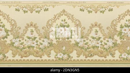 Frieze, Wm. Campbell Wall Paper Company, 1872, Machine-printed paper, Floral bouquet set within foliate scroll medallions, alternating large and small., Hackensack, New Jersey, USA, 1905–1915, Wallcoverings, Frieze Stock Photo