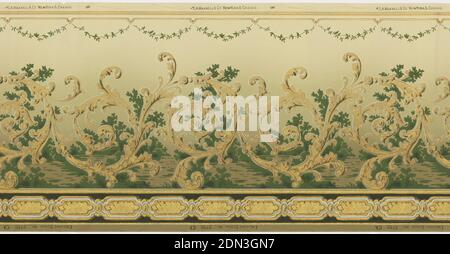 Frieze, Machine-printed paper, Large, scrolling, acanthus inspired swirls with a simplistic landscape background. A small swag of leaves runs across the top. A series of framed rectangles run across the bottom. Printed in gold, cream, white, brown, black, and shades of green., Chicago, Illinois, USA, 1905–1915, Wallcoverings, Frieze Stock Photo