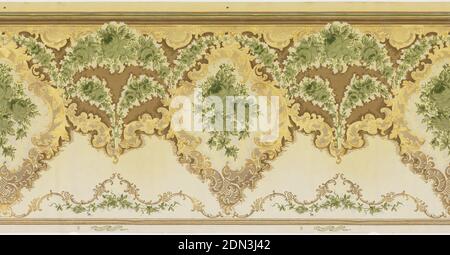 Frieze, Standard Wall-Paper Company, Standard Wall-Paper Company, Sandy Hill, New York, Machine-printed paper, Large medallions with bouquets of flowers in the center and framed by 'C' scrolls. Connected by two floral swags, one large and one small. A curviliar linear line consisting of thin 'C' scrolls runs across the top of the frieze. Printed in gold, silver, white, and shades of brown and green., Sandy Hill, New York, USA, 1905–1915, Wallcoverings, Frieze Stockfoto