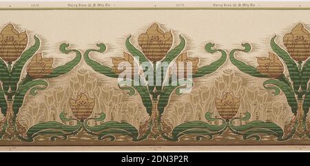 Frieze, Carey Bros. W.P. Mfg. Co., Philadelphia, Pennsylvania, gegründet 1882, maschinenbedrucktes Papier, hohe Gruppierung von drei Tulpen wechselt mit einer einzigen niedrigen Tulpe. Über der einzelnen Tulpe erhebt sich ein Pyramideneffekt stilisierter Tulpen., Philadelphia, Pennsylvania, USA, 1905–1915, Wallcoverings, Frieze Stockfoto