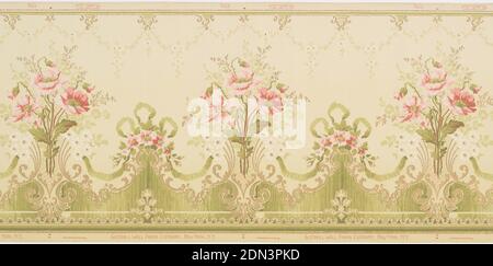 Frieze, Gledhill Wall Paper Co., New York, New York, gegründet 1900, maschinenbedrucktes Papier, hohe Blumensträuße aus rosa Mohnblumen, abwechselnd mit unten hängenden Mohnblumen mit Band und Schleife gebunden. Kleine Blattschüppchen und Anhänger am oberen Rand., New York, USA, 1905–1915, Wandverkleidungen, Frieze Stockfoto