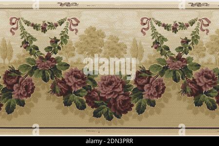 Frieze, Standard Wall-Paper Company, Standard Wall-Paper Company, Sandy Hill, New York, Machine-printed paper, Small rose swag near top edge suspended by ribbons, extends down to near bottom edge of design and becomes larger in scale. A tan monochromatic landscape scene appears within the larger swag. A horizon line divides the design in half with the upper portion lighter than the bottom. Printed in deep red, green and shades of tan, overprinted with small dash marks., Sandy Hill, New York, USA, 1905–1915, Wallcoverings, Frieze Stockfoto