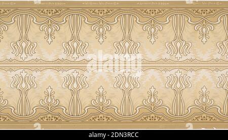 Frieze, Wm. Campbell Wall Paper Company, 1872, Machine-printed paper, Art nouveau style with white bouquets of abstract vines on a tan, cream, and silver ground. Two borders printed across the width., Hackensack, New Jersey, USA, 1905–1915, Wallcoverings, Frieze Stock Photo