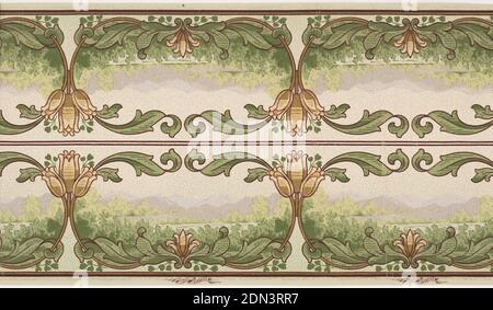 Frieze, Standard Wall-Paper Company, Standard Wall-Paper Company, Sandy Hill, New York, maschinenbedrucktes Papier, Landscape Fries im Mission-Stil. Blick auf die Berge und den See durch ein Blatt Swag Rahmen gesehen, mit großformatigen Blume verbinden die Swags. Gedruckt zwei quer., Sandy Hill, New York, USA, 1905–1915, Wallcoverings, Frieze Stockfoto