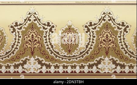 Frieze, Maxwell & Co., S.A., Chicago, Illinois, USA, Machine-printed paper, Smaller foliate sprig enframed within a medallion composed of scrolls, alternating with joined larger foliate sprigs. The larger enframements contain strung bellflowers and strung beads. Printed in green, red, and white on a light green ground that shades progressively darker towards the bottom., 1905–1915, Wallcoverings, Frieze Stock Photo