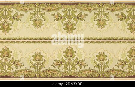 Frieze, maschinenbedrucktes Papier, ungeerdet, gedruckt zwei Ränder über die Breite. Stilisierte Tulpenmotive, Dreiergruppe abwechselnd mit einer Tulpe. Scrolling Framework Oben und unten., USA, 1905–1915, Wallcoverings, Frieze Stockfoto