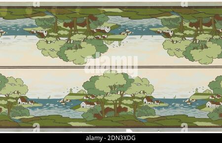 Frieze, maschinenbedrucktes Papier, zwei quer bedruckt. Landschaftsfries mit Hafenblick, Booten und Leuchtturm. Häuser und Bäume auf Insel oder Halbinsel., USA, 1905–1915, Wallcoverings, Frieze Stockfoto