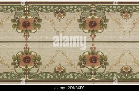 Frieze, York Card & Paper Co., 1891, maschinenbedrucktes Papier, zwei quer bedruckt. Stilisiertes Blumenmotiv, große Blume mit drei Knospen gekrönt, wechselt mit einer einzigen Blume. Band of vining Laub below., USA, 1905–1915, Wallcoverings, Frieze Stockfoto