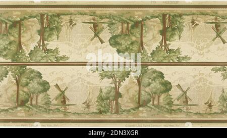 Frieze, Gledhill Wall Paper Co., New York, New York, gegründet 1900, maschinenbedrucktes Papier, Landscape Frieze gedruckt zwei quer. Abwechselnd Gruppe von Bäumen an Land und Segelboote auf dem Wasser, mit Windmühlen. Der Boden ist mit braunen und grünen Streifen mit grünem Gebiss und Perlenmuster umrandet. Oberteil ist mit braunen und grünen Streifen umrandet. Wolken im Hintergrund. Gedruckt in braun und grün. Das ganze Muster ist mit schwarzen Punkten überzogen. Erdung ist hellgrünlich beige. Leichte Flecken und Wasserschäden., gedruckt in selvedge: 'G. W. P. Co. 111 1643' 'Gledhill Wall Paper Company. New York. N. Y.', USA Stockfoto